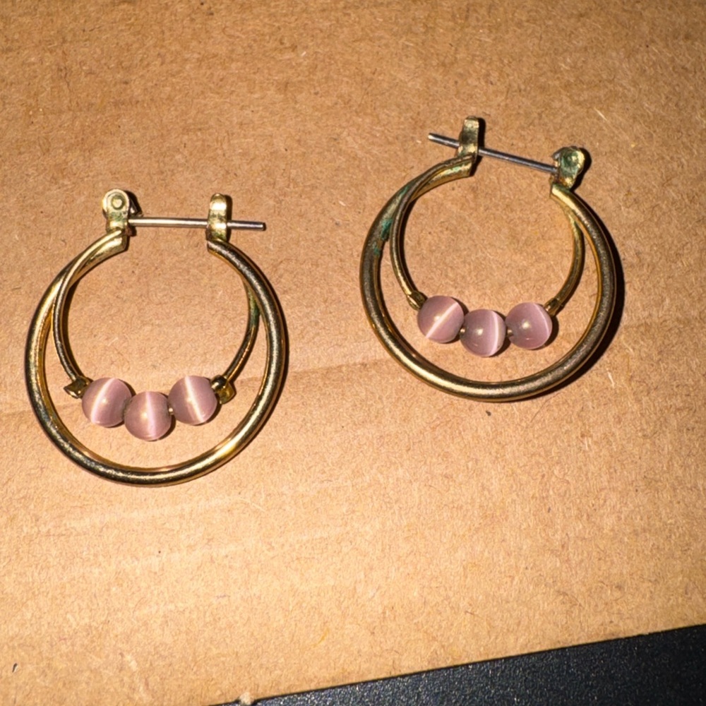 Gold Hoop Earrings with Pink Beads - Picture 4 of 4